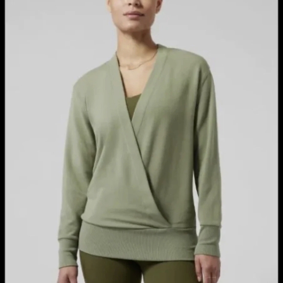 Athleta Purana V Neck Wrap Sweatshirt sz M Eucalyptus Olive Green - Picture 1 of 5